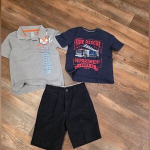 Boys 3-Piece Outfit: Grey Polo, Navy Fire Rescue Tee & Navy Gap Shorts